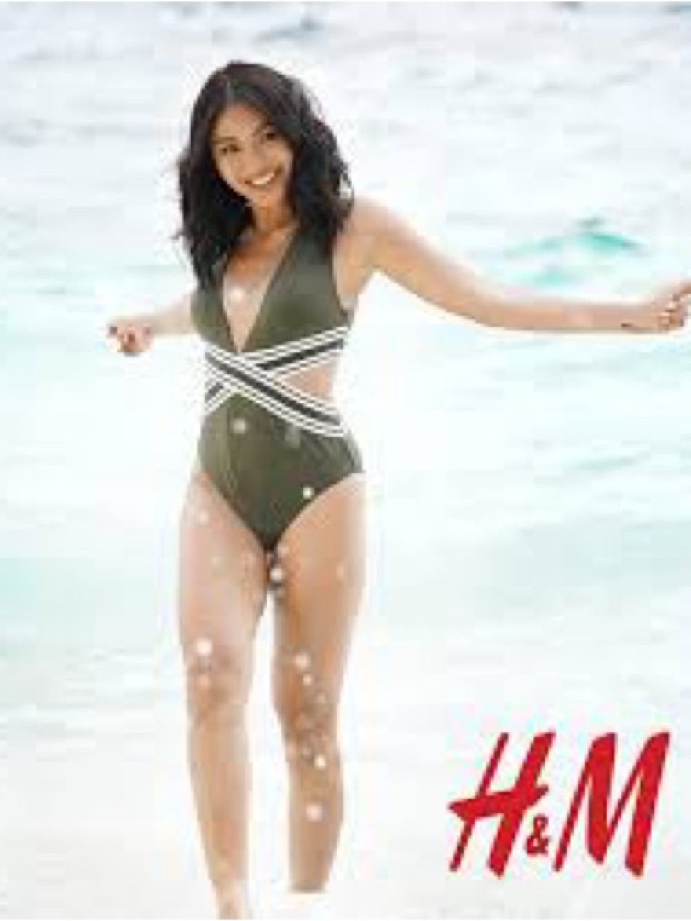 H&M Olive Green One-Piece Swimsuit with White Striped Wrap Sz XS